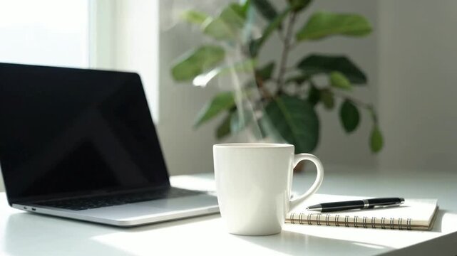 Modern home office workspace with steaming coffee cup, laptop, and notebook for remote work, freelance, or productivity concepts