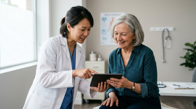 Doctor showing medical results on tablet to smiling elderly patient