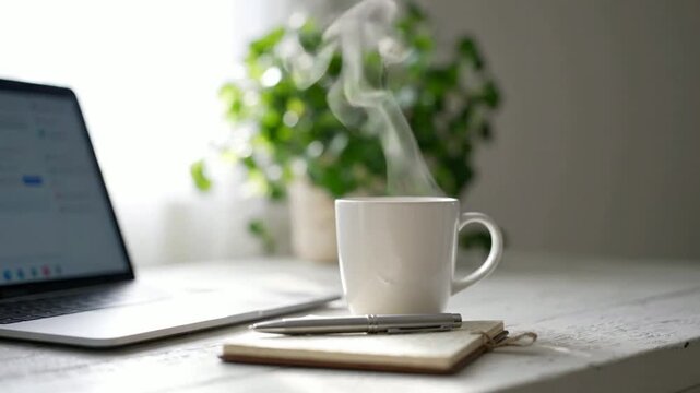 Cozy home office workspace with steaming coffee mug, laptop, and notebook for remote work and productivity concepts