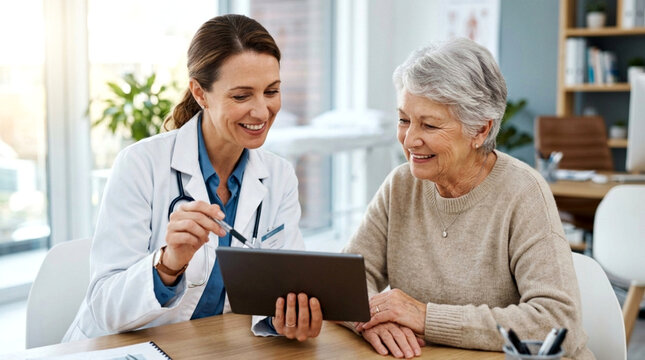 Doctor showing medical results to elderly patient on tablet, smiling