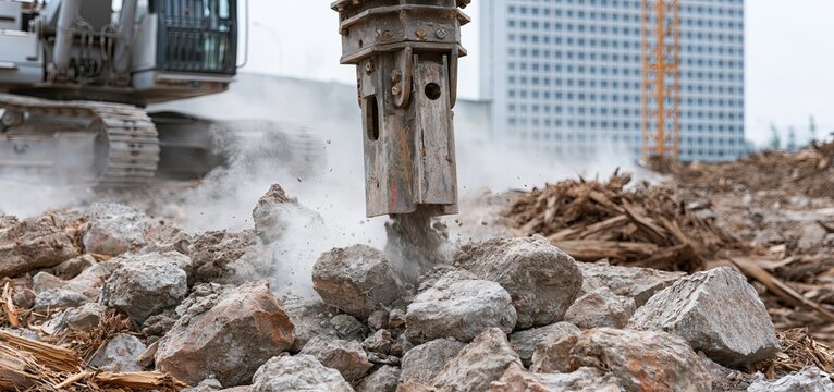 At a busy demolition site, heavy machinery crushes concrete amid dust and scattered debris.