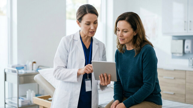 Doctor showing patient results on tablet in clinic examination room