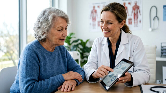 Doctor showing results to senior patient on tablet