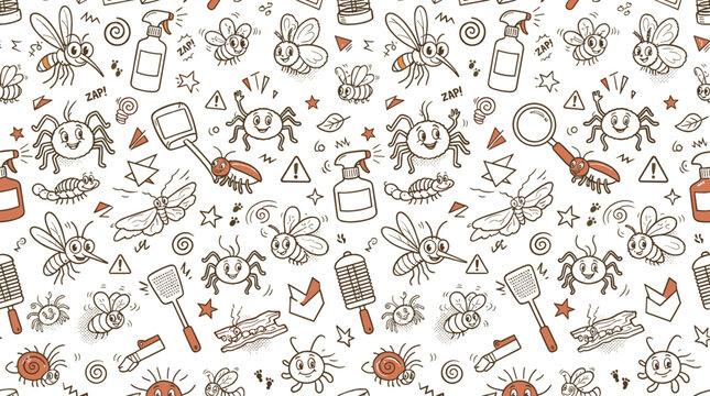 Hand drawn pest control doodle pattern featuring insects, bugs, spiders, bees, flies, mosquitoes, cleaning tools, pesticides, and warning symbols