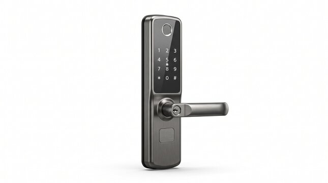 Smart digital door lock with fingerprint scanner, modern electronic keypad entry system, secure biometric handle for home security