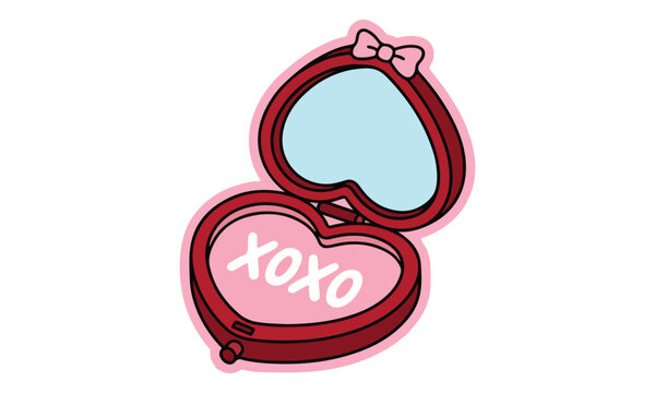 Open heart shaped compact mirror with xoxo message and ribbon illustration