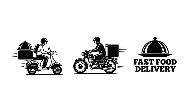 Vintage style illustrations of food delivery scooters and a warming dome