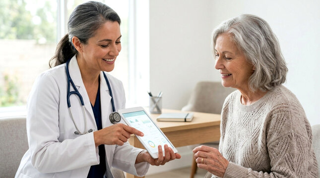 Doctor showing tablet screen to smiling senior woman in consultation room