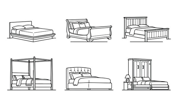 Collection of hand drawn architectural sketches of beds and bedroom furniture
