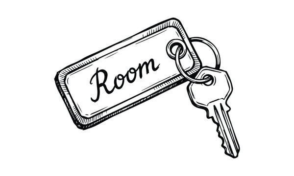 Sketch of a hotel room key tag with a key attached isolated on white