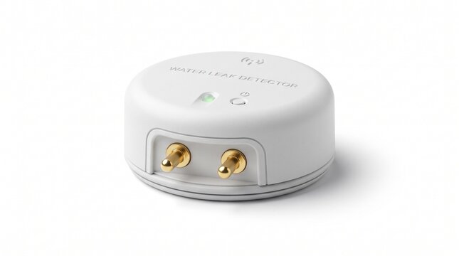 Smart water leak detector, wireless flood sensor for home security, white plastic moisture alarm with gold probes