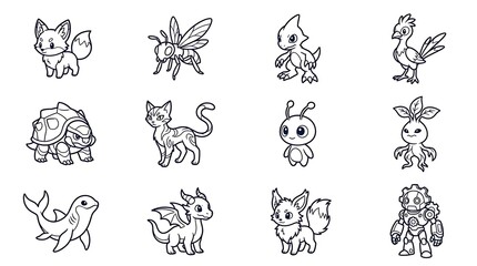 Naklejka premium Fantasy Creatures and Monsters Line Art Collection for Coloring