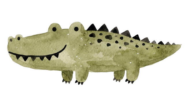 Cute green alligator painted with watercolor showing a friendly smiling expression with dark spots and triangular scales along back side suitable for children design project