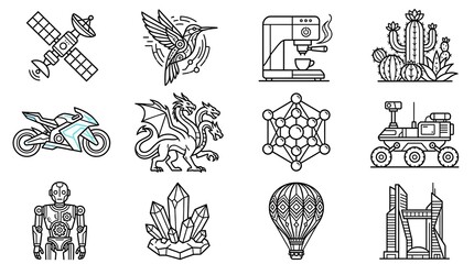 Naklejka premium Minimalist Line Art Icon Set for Tech and Nature