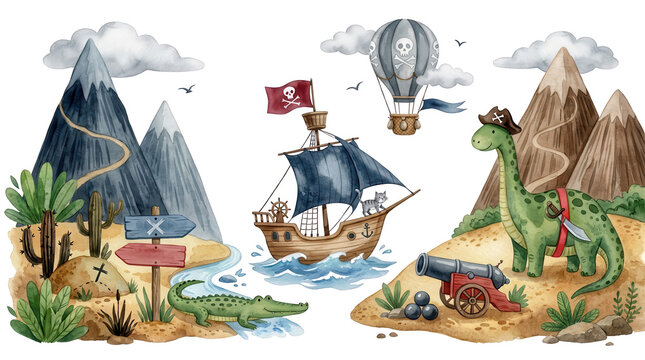 Watercolor landscape featuring a pirate ship sailing on water mountains hot air balloon dinosaur wearing pirate hat crocodile cactus wooden signs and canon on sand island