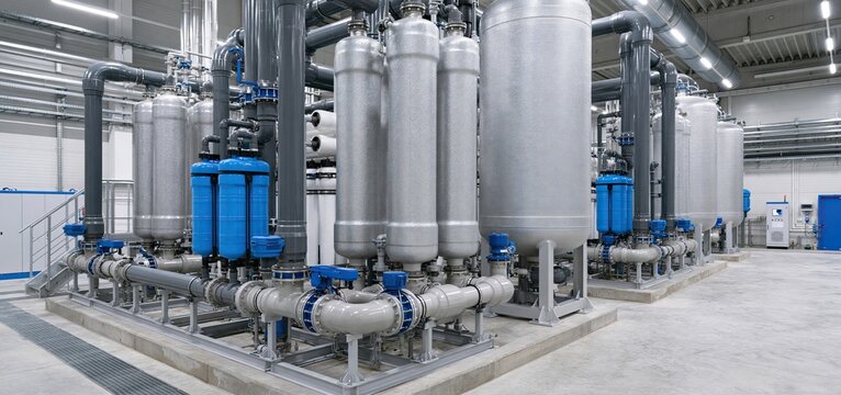 Inside a modern industrial plant, ion exchange towers and activated carbon filters purify water on a large scale.