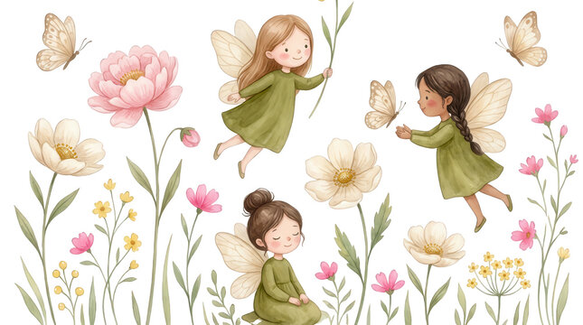 Watercolor illustration featuring three cute flying fairies wearing green dresses among blooming pink and white flowers and delicate butterflies fairy butterfly girl magic