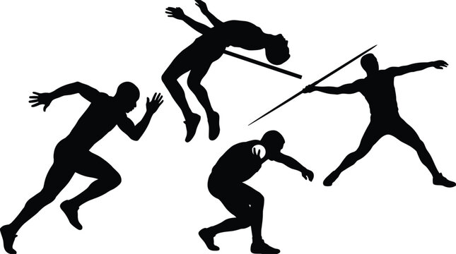 Vector silhouette collection of track and field athletes competing in sprinting, high jump, shot put, and javelin throw.