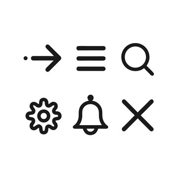 Set of thin line UI icons including arrow, hamburger menu, search magnifier, settings gear, notification bell, and close X. Minimal geometric style vector collection with a consistent 2px stroke.