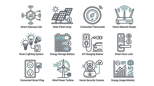 Smart Home and Renewable Energy Line Icon Set