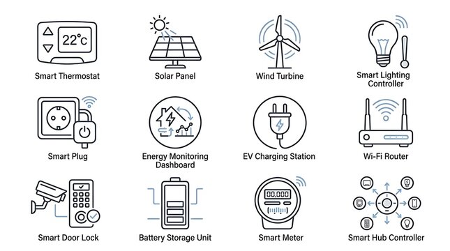 Smart home energy and automation thin line icon set