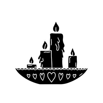 Hand drawn black silhouette group of candles inside holder icon isolated on white background. Home decor clipart vector