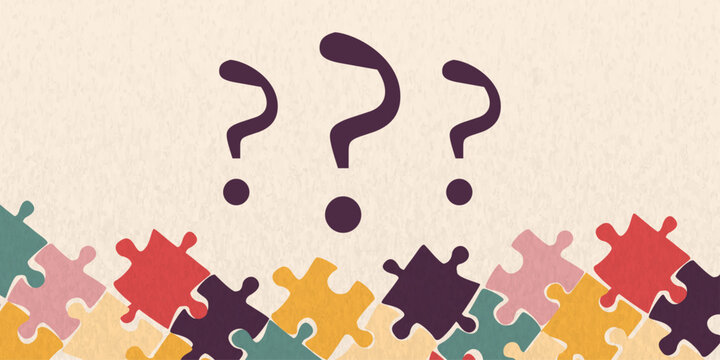 Puzzles background. Beautiful vintage horizontal banner. Puzzle elements with question marks.