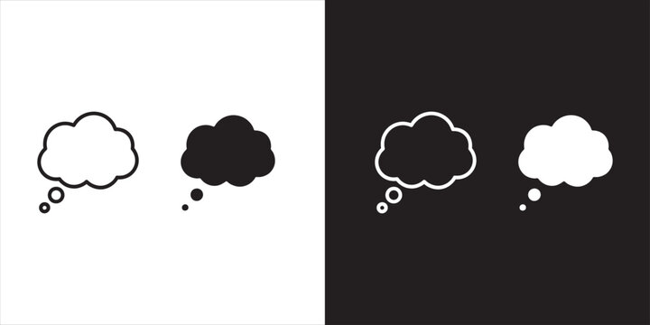 Set of four thought bubble in outline and solid styles, presented on split white and black backgrounds for clear visual communication