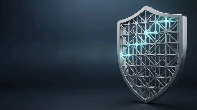 3D Metallic Cyber Shield with Glowing Network Pulse, Dark Space