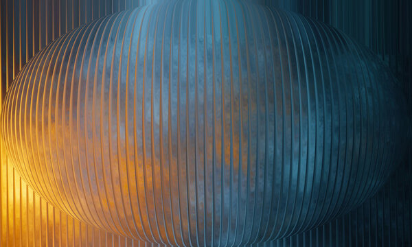 Abstract futuristic 3D ellipsoid oval form with vertical straight fluted ribbed texture, dark blue tones and warm orange corner light