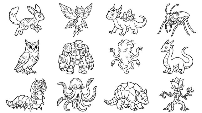 Fantasy Creature Line Art Icons and Monsters Set