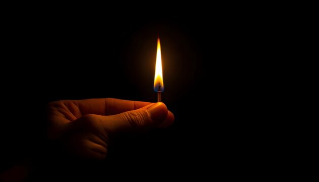 Hand Holding a Lighted Match with Bright Flame on Black Background, Symbol of Fire, Warmth, Energy, Hope, Ignition, Danger and Dramatic Minimalist Lighting