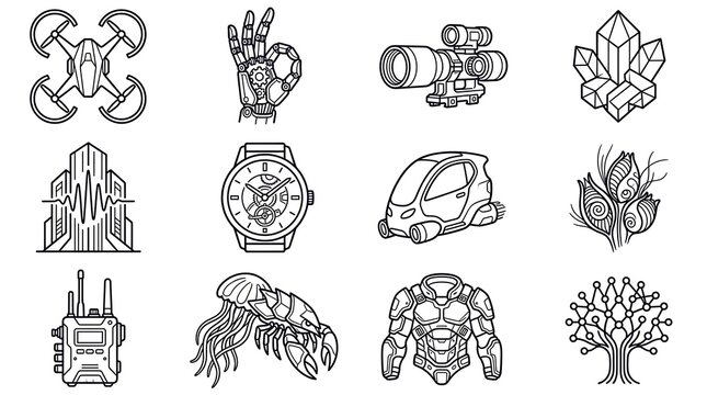 Futuristic Sci-Fi Icon Set Black and White Vector Illustrations