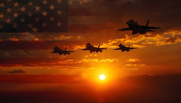 Silhouetted fighter jets flying in formation across a dramatic sunset sky, overlaid with the American flag. A patriotic and powerful photorealistic concept of US military strength and pride.