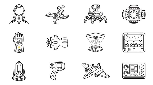 Futuristic Sci-Fi Technology Line Art Icon Set