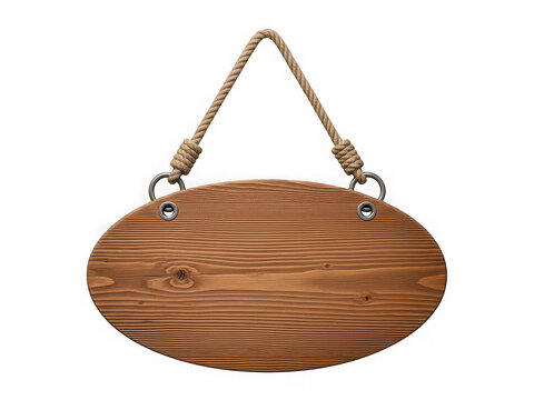 Oval wooden sign hanging with a thick rope isolated on transparent background