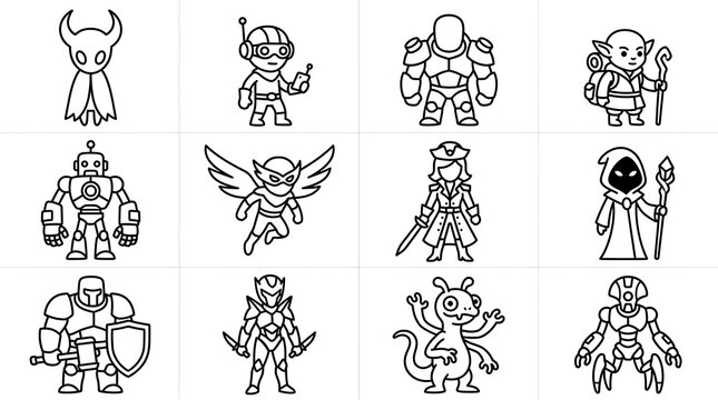 Fantasy and Sci-Fi Character Line Art Icon Set
