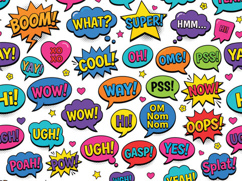 Comic Book Speech Bubble Collection with Colorful Boom, What, Super, Cool, OMG, Wow, Oops, Yes and Exclamation Typography Effects