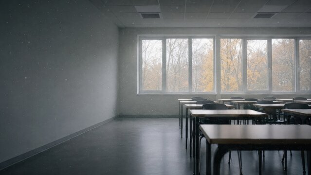 Empty classroom with suspended airborne particles, poor ventilation and indoor air quality concept with copy space