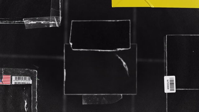 Abstract dark background with glitch digital elements and barcode.