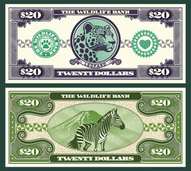 Naklejka premium Vector banknote, flyer. 20. Wildlife bank. Twenty dollars denomination. Obverse and reverse. Graphic leopard head, wild zebra. Symmetrical note. Play money. Zoo and fauna. Animals and mountain