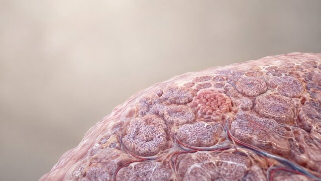 Microscopic glandular tissue with clustered lobules, human anatomy concept for healthcare research with copy space
