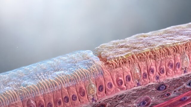 Microscopic epithelial tissue with protective mucus layer, barrier health concept for medical research with copy space