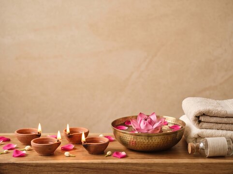 Diwali wellness scene with clay diyas and lotus bowl for spa background and relaxation banner design