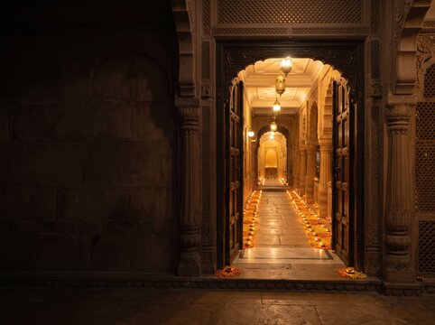 Ornate doorway opening toward golden light with rows of diyas for diwali temple background and poster design