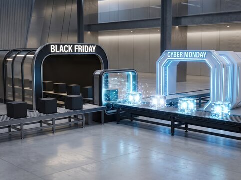 Black friday and cyber monday futuristic conveyor scene with illuminated portals and packages for retail campaign banner and background design