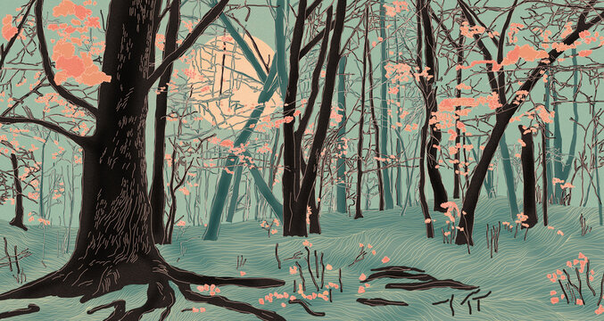 Stylized forest with pink leaves and misty trees