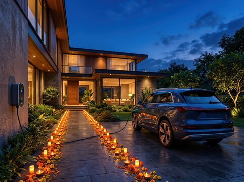 Electric vehicle charging at modern home with candlelit walkway for evening background and sustainable luxury driveway design