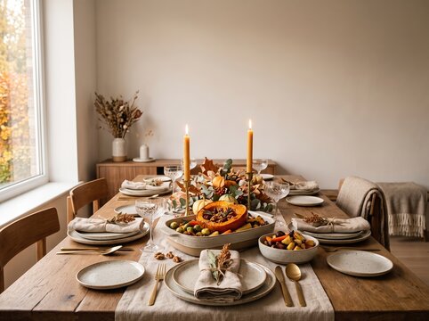 Elegant indoor dining table with pumpkin centerpiece and candles for thanksgiving or autumn dinner background and table setting