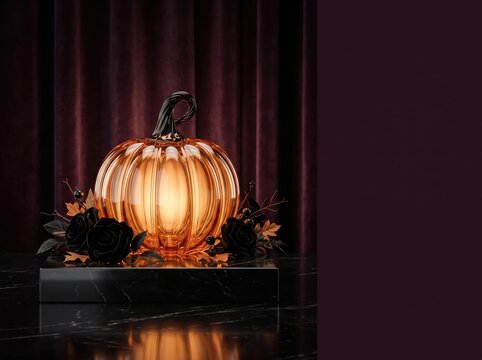 Elegant illuminated glass pumpkin sculpture on black marble pedestal with velvet backdrop for halloween decor and seasonal display